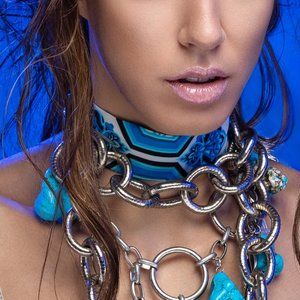 ART DECO Geometric Print Blue Silk Necklace Designer Choker